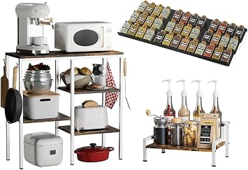 Kitchen Microwave Stand Rack, Syrup Rack and 9 PCS ABS Spice Rack for Drawer & Countertop
