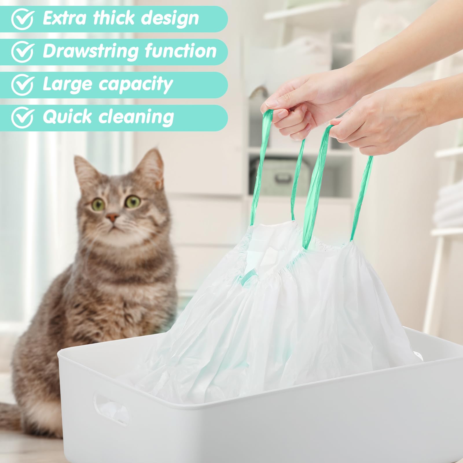 Thenshop 60 forros para caja de arena de 36 x 18 pulgadas, bolsas jumbo con cordón, suministros para gatos, bolsas desechables extragrandes, bolsas de arena para gatos para basura y basura (verde)