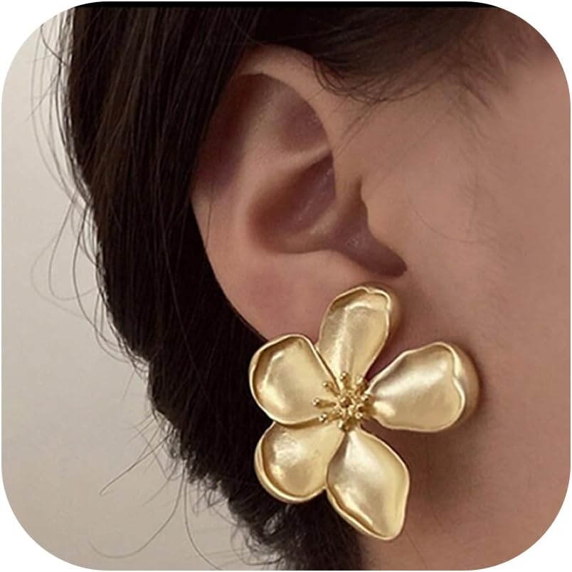 Gold Clip On Earrings for Women Trendy Non Piercing Flower Dangle Earrings Floral Earring 14K Gold Plated Lightweight Earrings for Non-Pierced Ears Fake Earrings Set