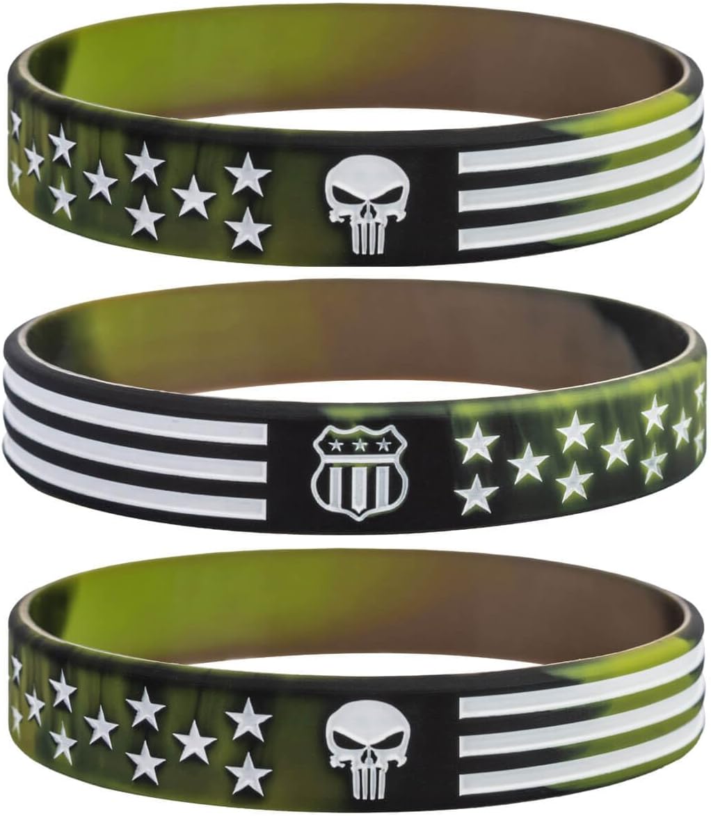 Sainstone Military Camo Skull American Flag Silicone Bracelets - Motivational Camouflage Rubber Wristbands Gifts for Police Cops, USMC, Coast Guard, Army, Patriots, Men Women