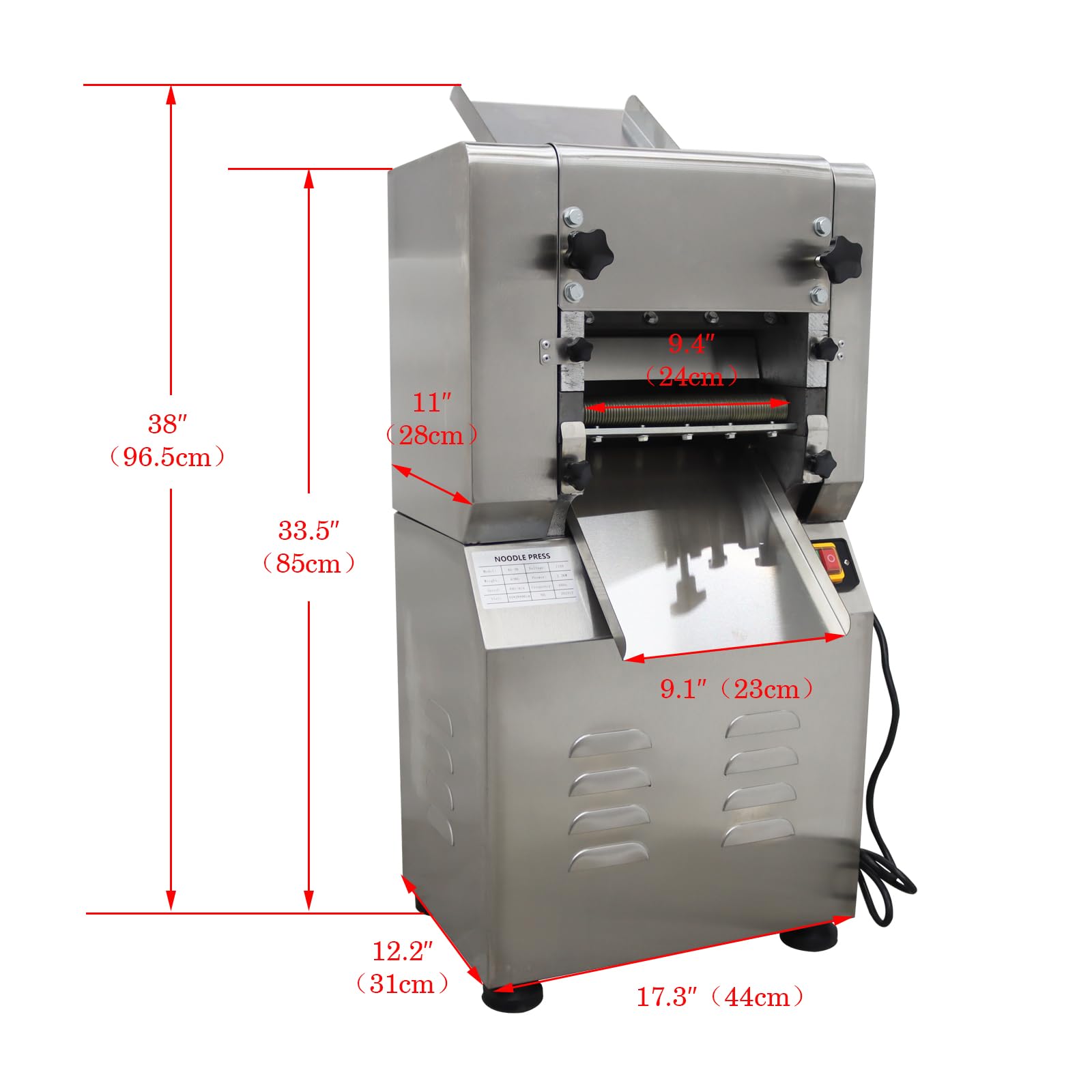 WYDDDARY Commercial Electric Noodle Making 9.4inch Roller Pasta Maker Machine with 1.5mm and 3mm Cast Metal Cutters For Dumplings Noodles 110V 2200W