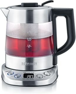 SEVERIN Glas Tee- und Wasserkocher Mini Deluxe (1.0L Wasser / 0.75L Tee), Teekocher mit einstellbarer Temperatur und Ziehzeit, Glas Wasserkocher mit voreingestellten Teeprogrammen, 2.200 W, WK 3473