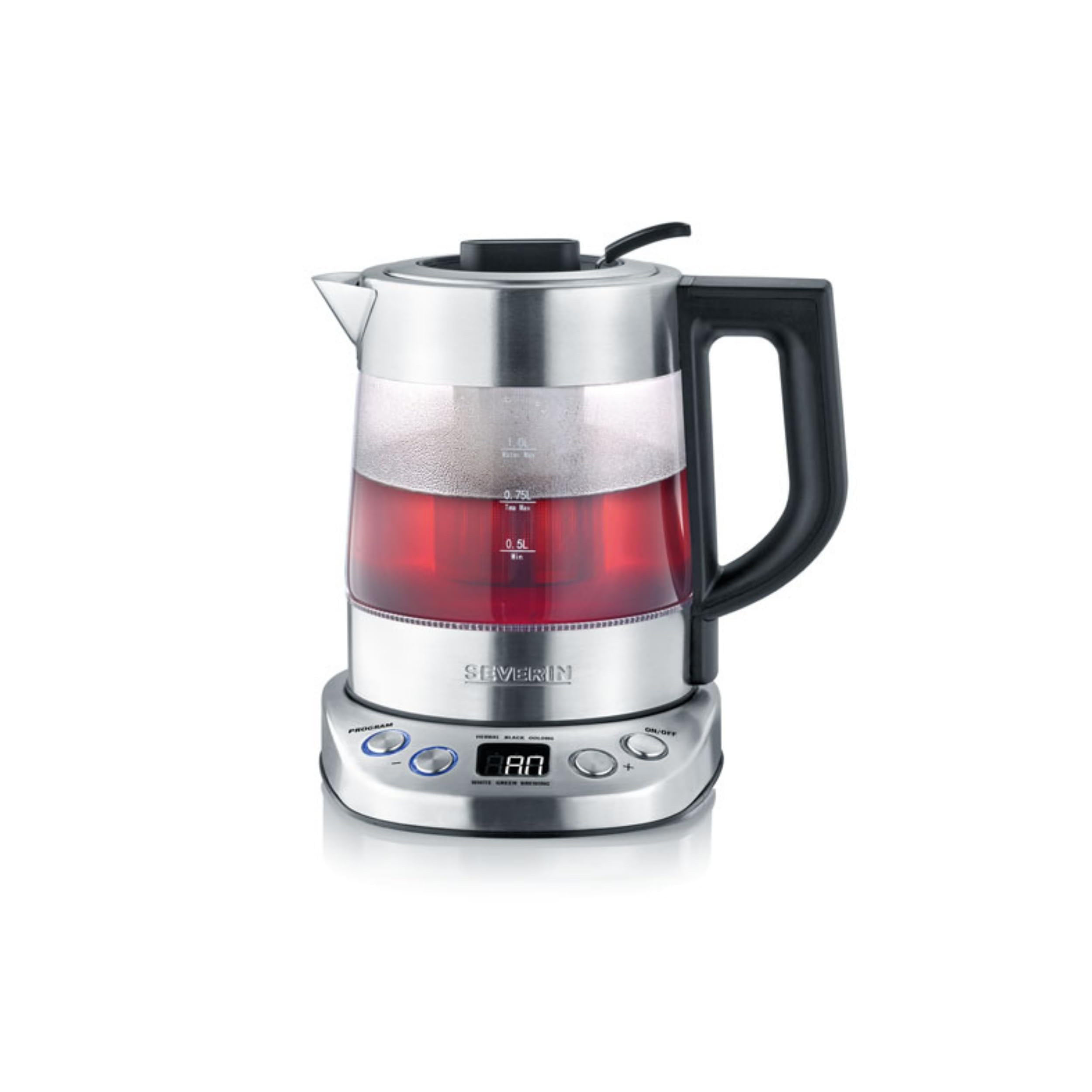 SEVERIN Glas Tee- und Wasserkocher Mini Deluxe (1.0L Wasser / 0.75L Tee), Teekocher mit einstellbarer Temperatur und Ziehzeit, Glas Wasserkocher mit voreingestellten Teeprogrammen, 2.200 W, WK 3473