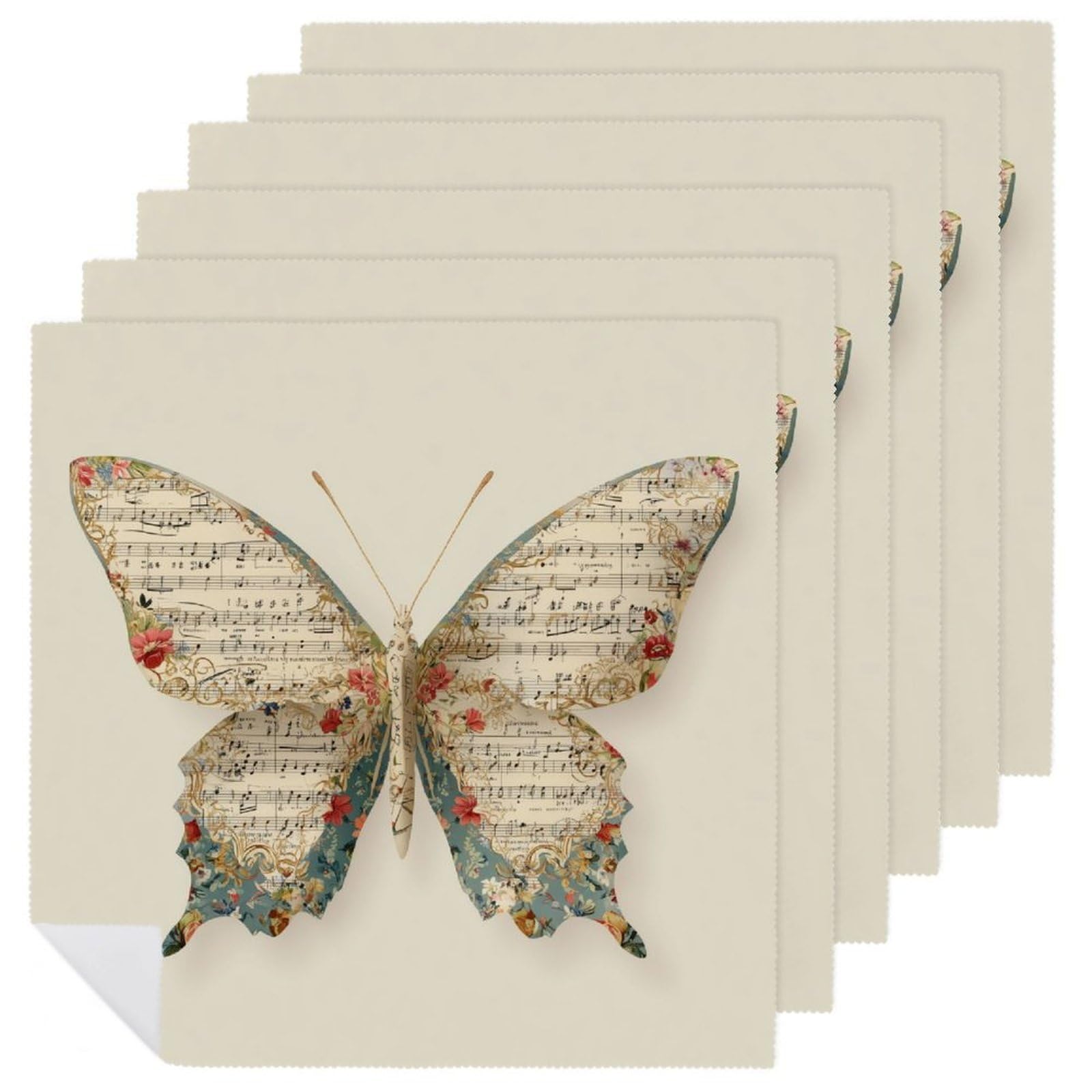 Butterfly with Small Floral Music Pattern Cloth Napkins Set of 6, Square Premium Reusable Washable Polyester Table Linen Napkin for Dinner Party
