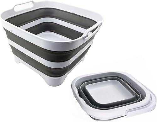 Miniatura 2 de SAMMART Juego de 2 piezas cubo plegable + sartén portátil con tapón de drenaje (gris, cubo de 5 litros+bandeja de 10 litros)