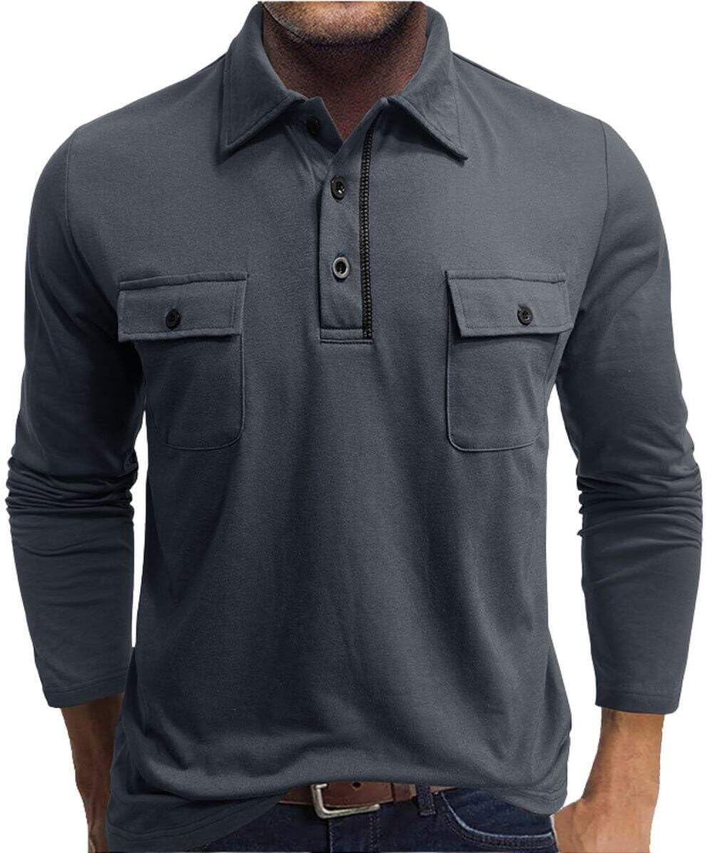 YABTF Long Sleeve Polo Shirts for Men Cotton Basic Solid Color Golf Shirt Button Collared Work Shirts with Pockets