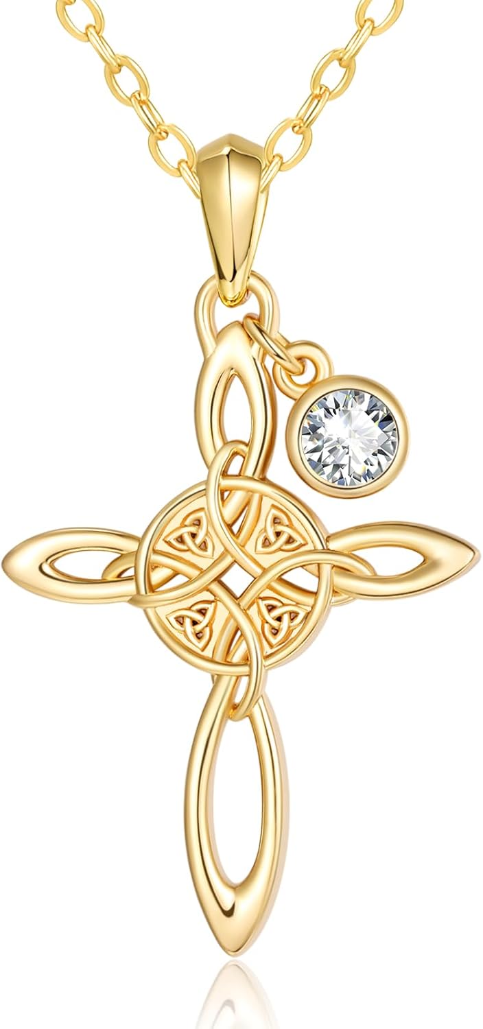 Witches Knot Necklace for Women, 14K Gold Celtic Knot Cross Jewelry with Triquetra Trinity with Birthstone Pendant, Birthday Witchy Spiritual Gifts for Her Wife Mom Grandma, 18+2 Inch Chain
