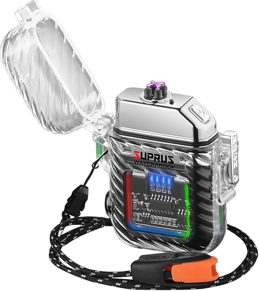 SUPRUS Luminous 3 Modes of Flashlight Windproof Waterproof Lighter Electric Rechargeable Dual Arc Plasma Lighter with Survival Emergency Whistle and Lanyard (Black)