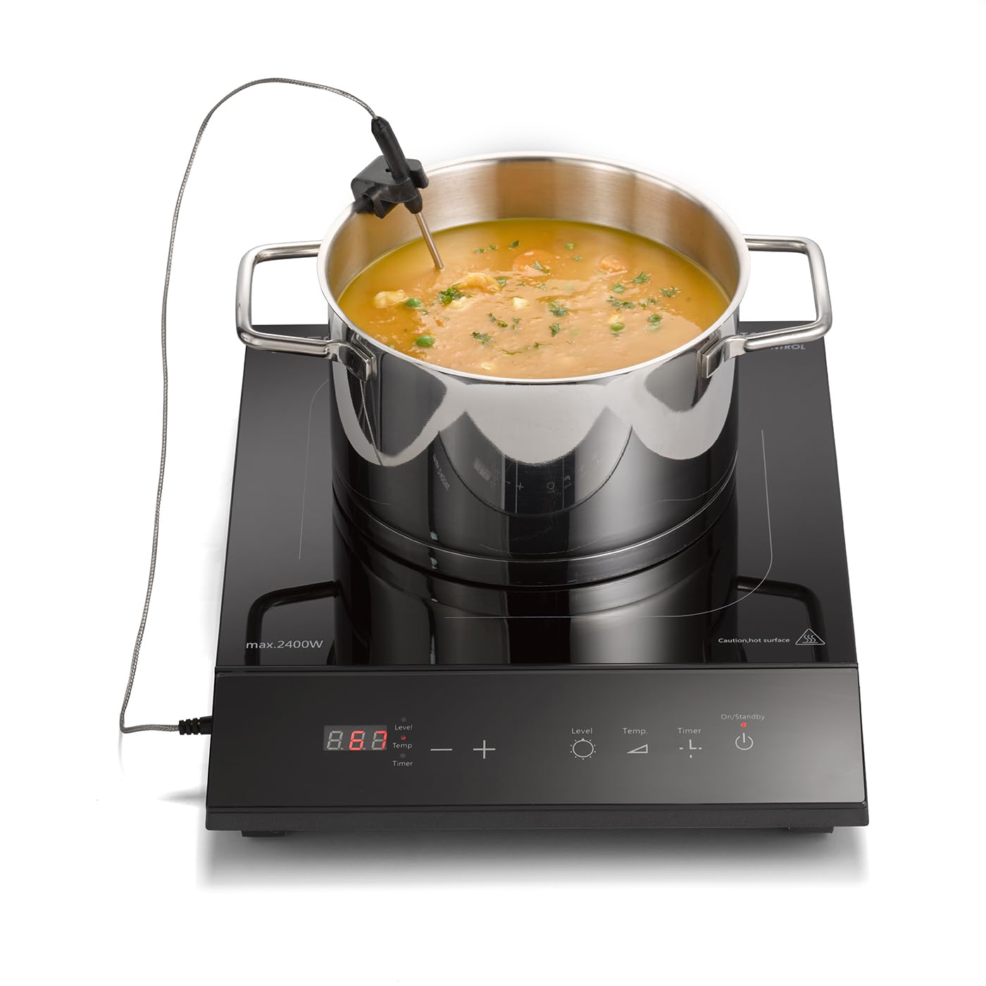 CASO TC2400 Thermo Control Einzel-Induktionskochfeld mit Thermometer für gradgenaues Braten und Kochen, perfekt für SousVide, Temperaturbereich 60-240°C, Timer, 2400 Watt