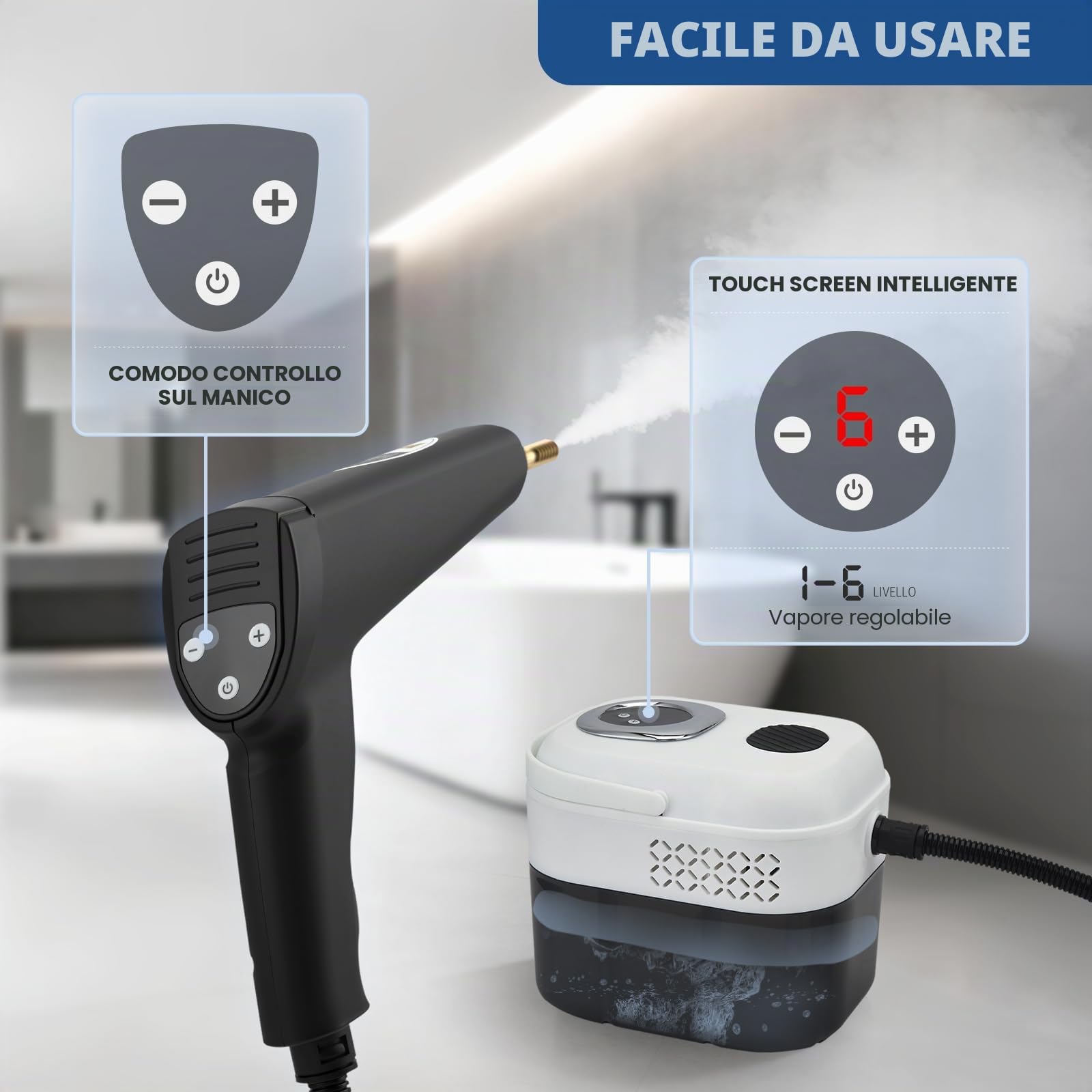 Pulitore a Vapore, 2500W Pulitore a Vapore Alta Pressione Portatile con Serbatoio 1700ml, Tempo Riscaldamento 15 Secondi, 6 Livelli Vapore per Cucina, Bagno, Divano, Auto, Pavimenti