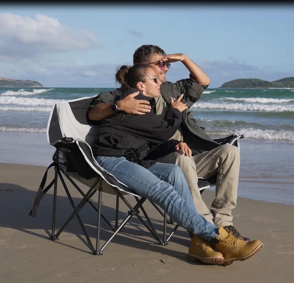 kingcamp double camping chair, oversized heavy duty 660lbs loveseat for adults portable folding xl 2 person couch padded comfortable two seat with cup holder for outdoor lawn backyard, black/grey 2 person black/grey loveseat