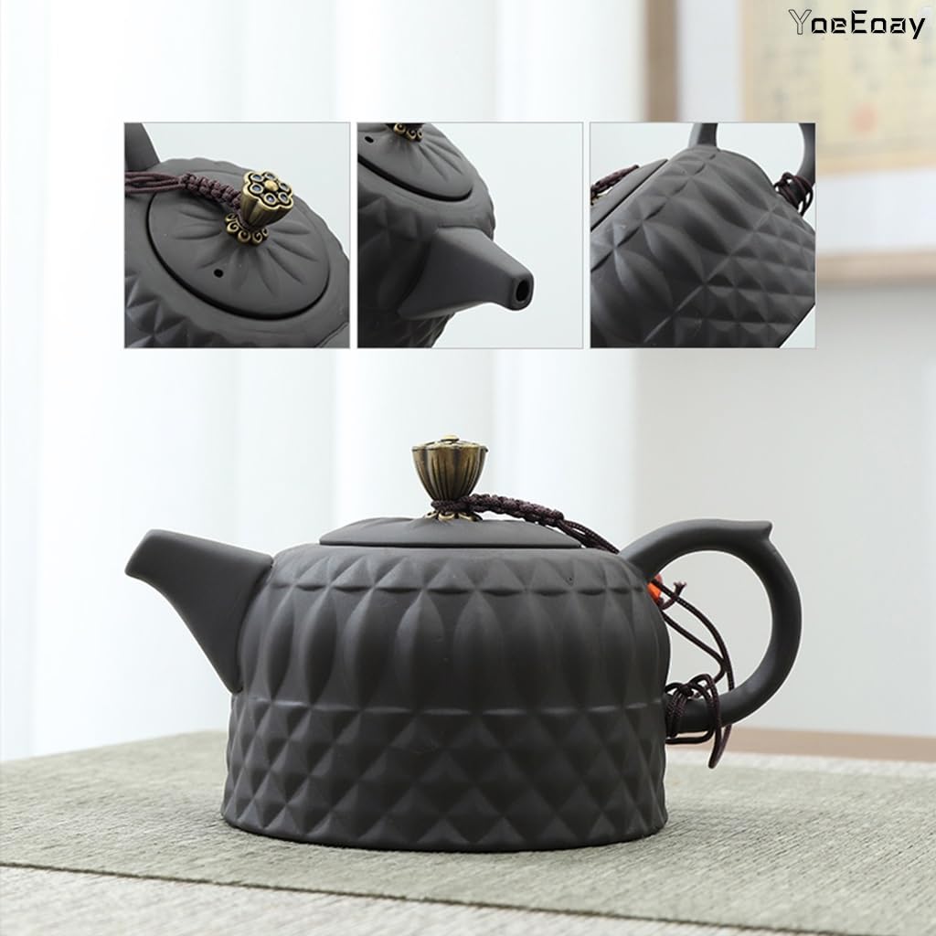 Porzellan Chinesisches Gongfu Tee-Set, Tragbares Tee-Set Für Erwachsene, Asiatisches Teeset Mit Sieb, 13-teilig Mit Grauer Ledertasche, Für Reisen, Outdoor, Geschäft - Schwarze Keramik