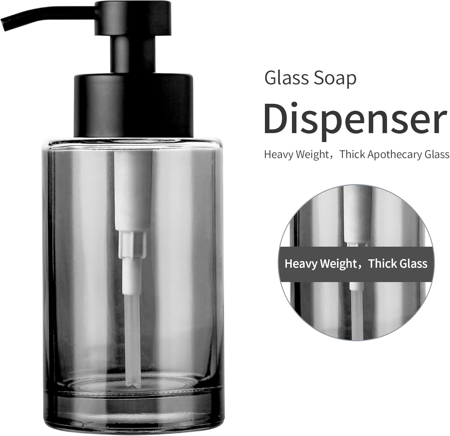 Enra Dispenser di sapone nero, dispenser per sapone da bagno, 12 ozs, moderna bottiglia ricaricabile in vetro spesso per bagno e cucina (dispenser di schiuma nera)
