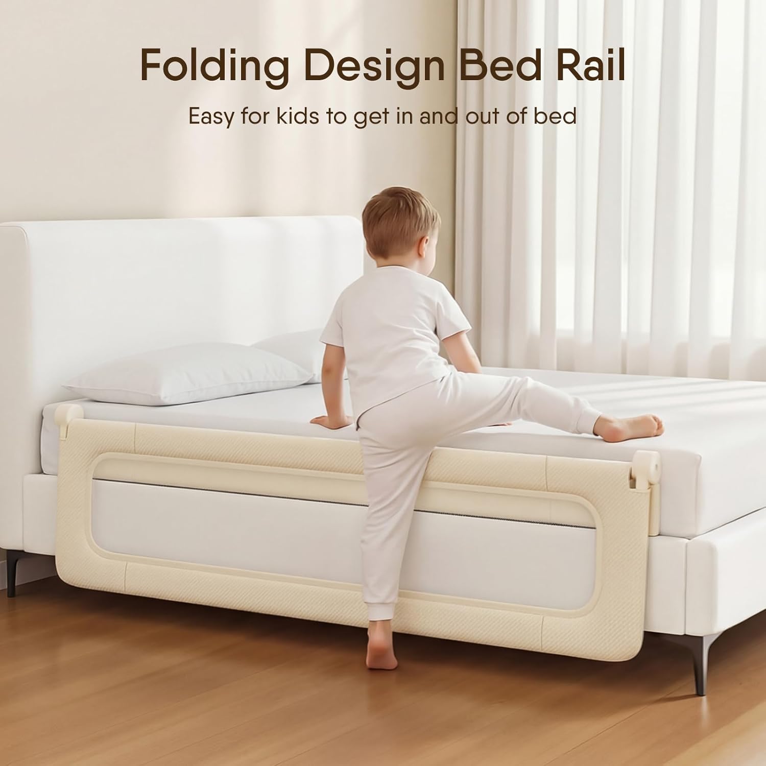 Folding Bed Rail for Toddlers, Baby Bed Rail Guard with Reinforced Anchor Safety System, Toddler Bed Rails for King Size Beds, Twin, Full, Queen (Khaki, 71" L x 21.6" H)