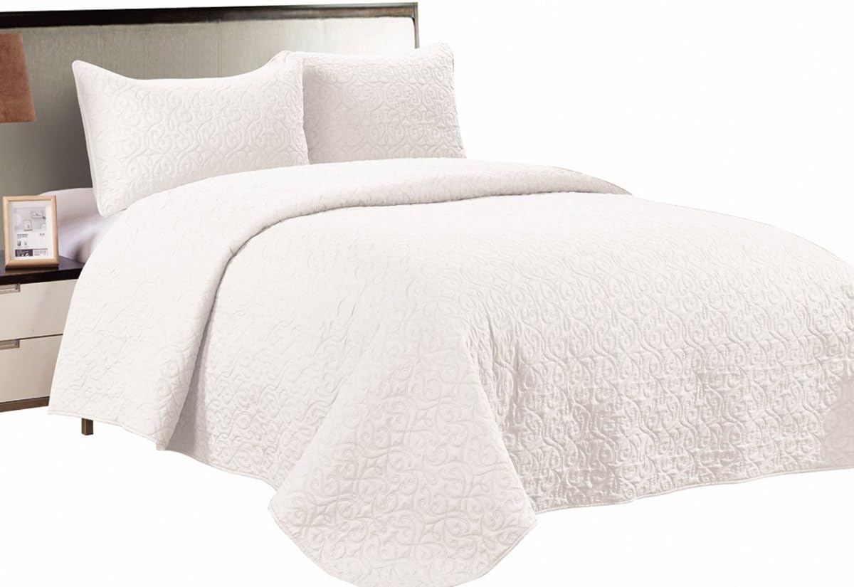 Williom Town Quilt Set 3 PC Solid Color Prewashed Quilted Pattern Coverlet, White, Queen