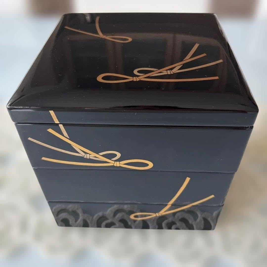茶道具 輪島塗 天然木製 黒塗 金彩蒔絵 二段重箱 内朱共箱 す茶道具 輪島塗 天然木製 黒塗 金彩蒔絵 二段重箱 内朱共箱