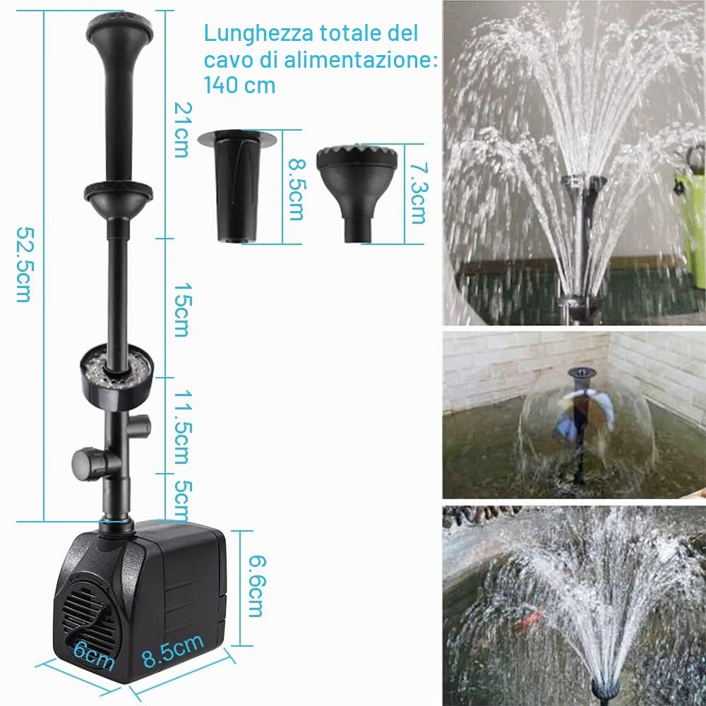 Pompa Laghetto con Filtro, Pompa Acquario Piccola Regolabile, Pompa Sommergibile Mini, Pompa per Acquario, Pompa Giardino 3 Ugelli 220V, Giardino Decorazioni Luci Cascata Fontana Laghetto 2000L/H 25W
