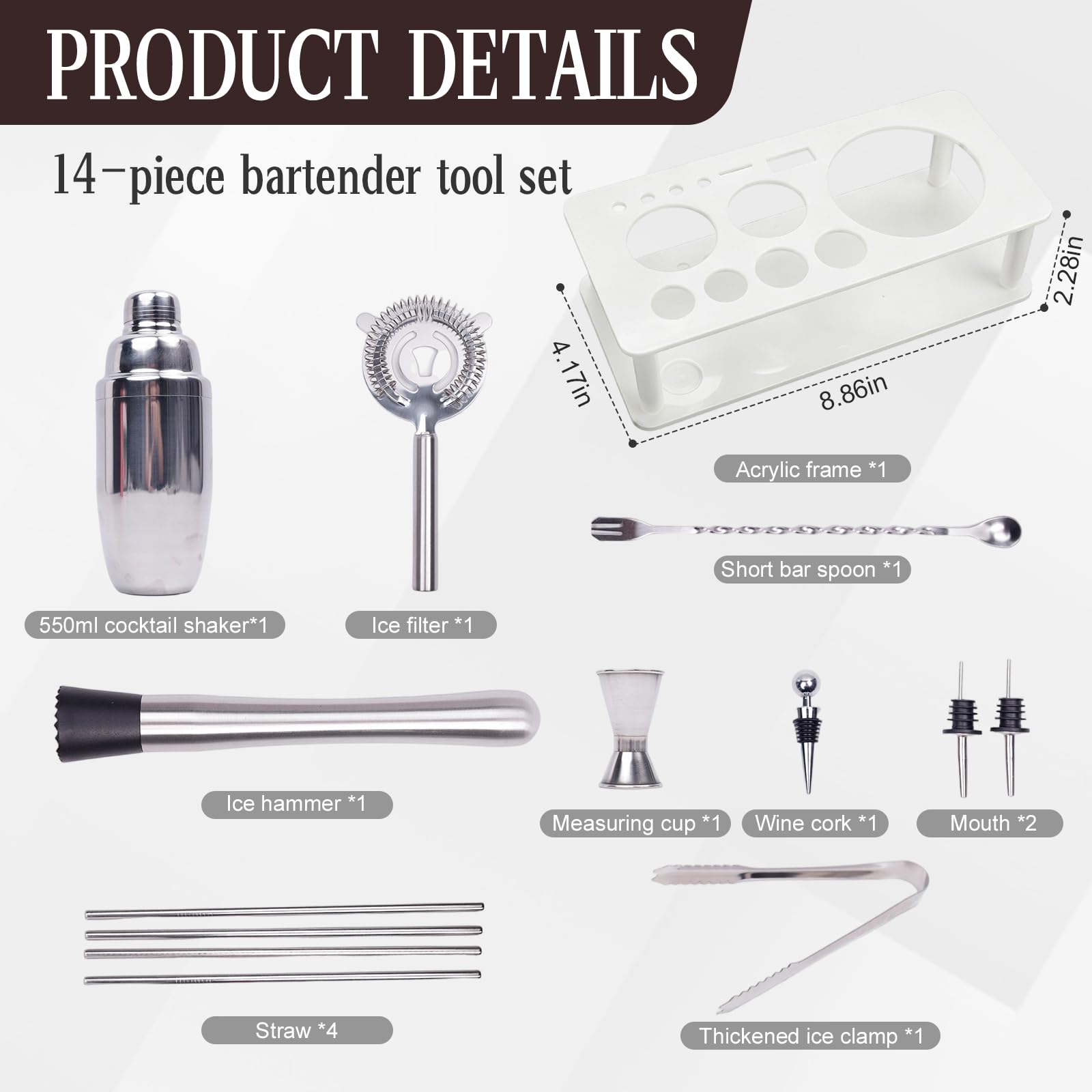 Lot de 14 shaker à cocktail de 550 ml avec support, accessoires de bar, kit cadeau de barman, shaker à cocktail avec outils de bar importants, shaker en acier inoxydable pour fête (blanc)