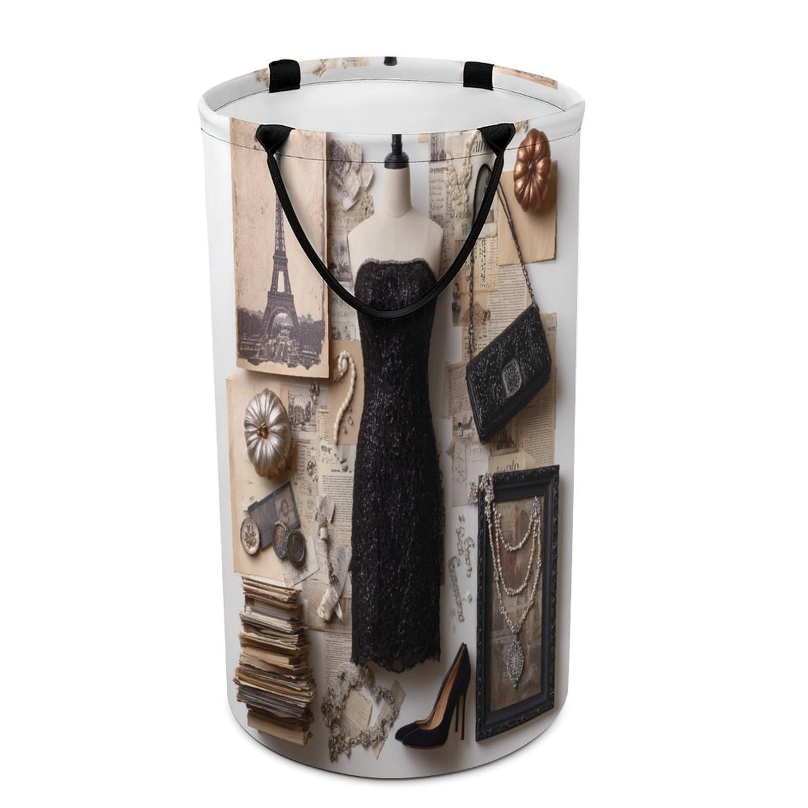 LUYYSKY Classic Romantic Black Dress Versatile Storage Laundry Basket, Modern Watercolor Makeup Themed Paris Style Eiffel Tower Large Capacity Bathroom Hamper With Handle