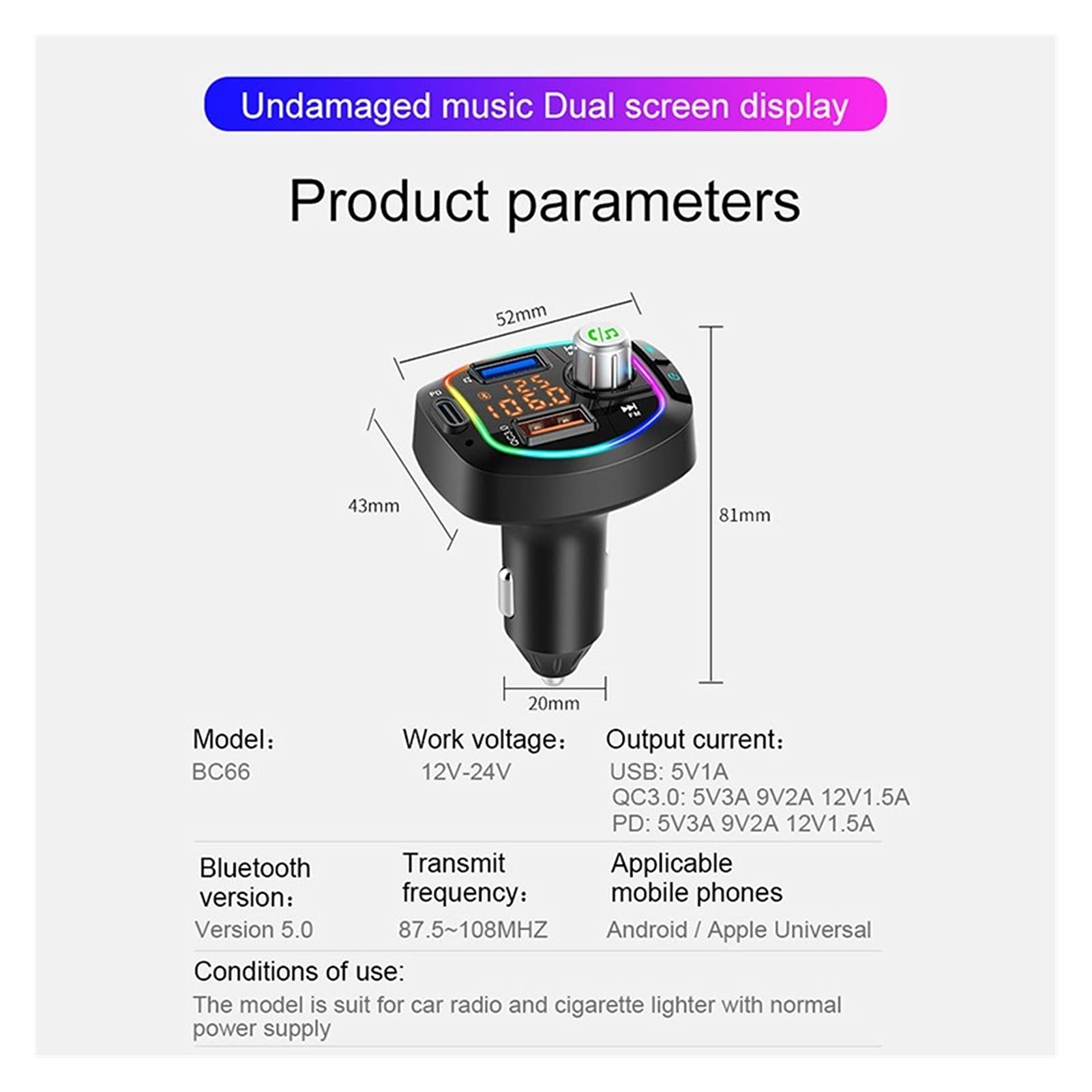 Adaptateur Audio Bluetooth Double USB Chargeur PD + QC3.0 Chargeur Bluetooth 5.0 FÉMININ Lecteur mp3 de Voiture transmetteur avec DSP A2DP Mode Support de lumière colorée U Disk