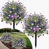 YUGYUM 2 Pack Artificial Boxwood Topiary Ball Tree with Spikes,Outdoor UV Resistant Fake Bushes Plants Flowers,Faux Shrubs Greenery for Planters Yard Porch Pathway Office Spring Decor - Purple