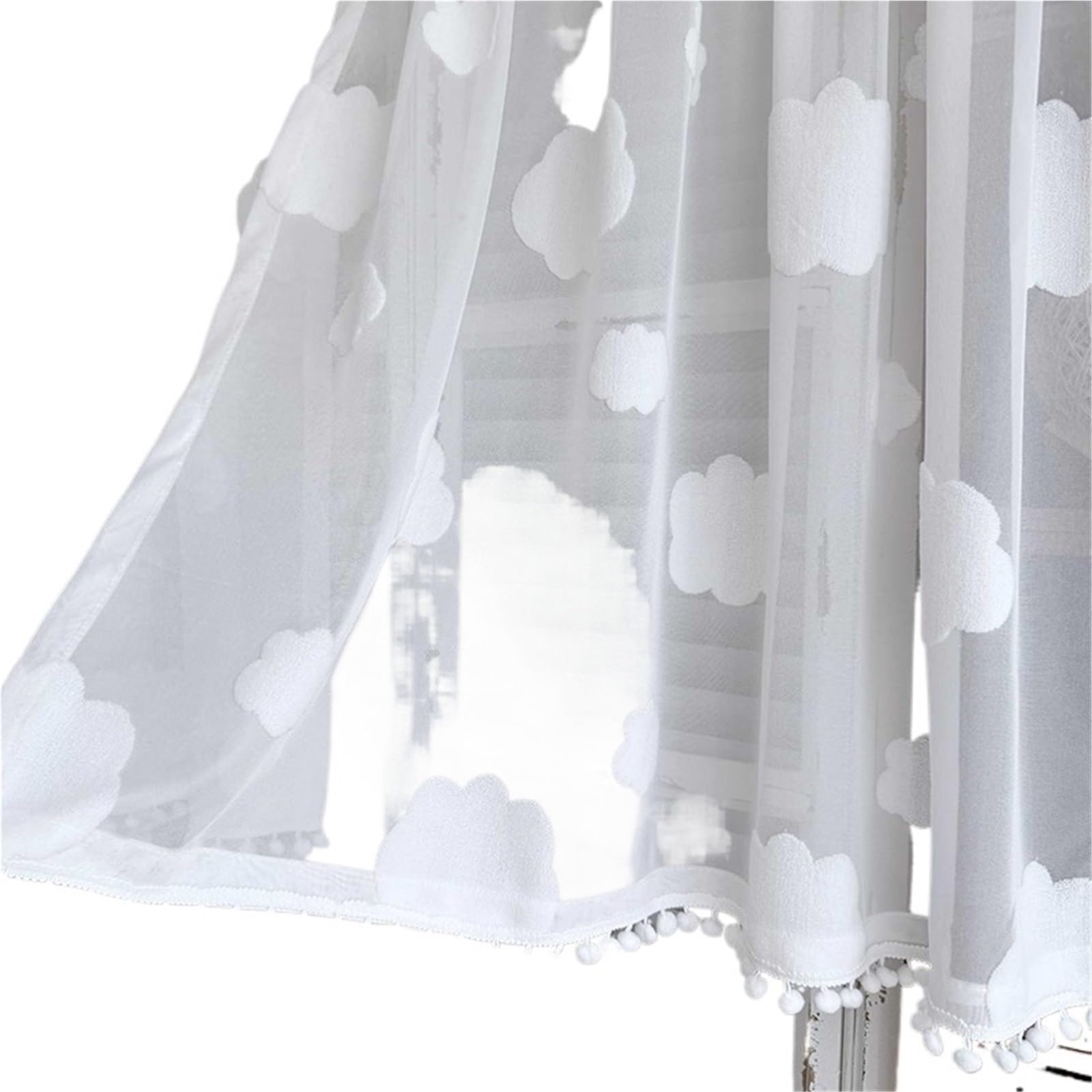 AIQIJOHI Short Curtains Short Curtain Romantic White Cloud Embroidery Flocking With Hairball Bottom For Living Room Kitchen(W150 x H80cm 1Piece)