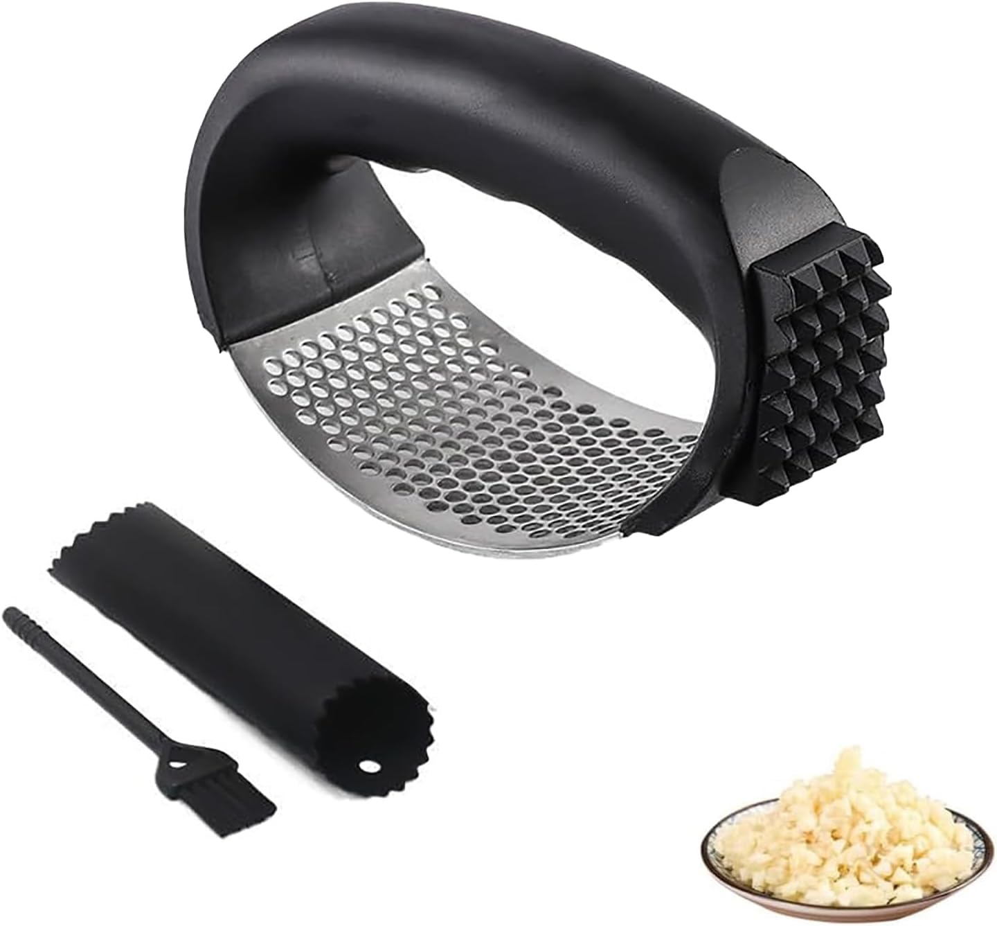 Stainless Steel Garlic Press,2026 New Upgraded Garlic Press Rocker,Garlic Crusher with Peeler and Cleaning Brush, Garlic Chopper for Crush Garlic Kitchen Gadgets. (Black)