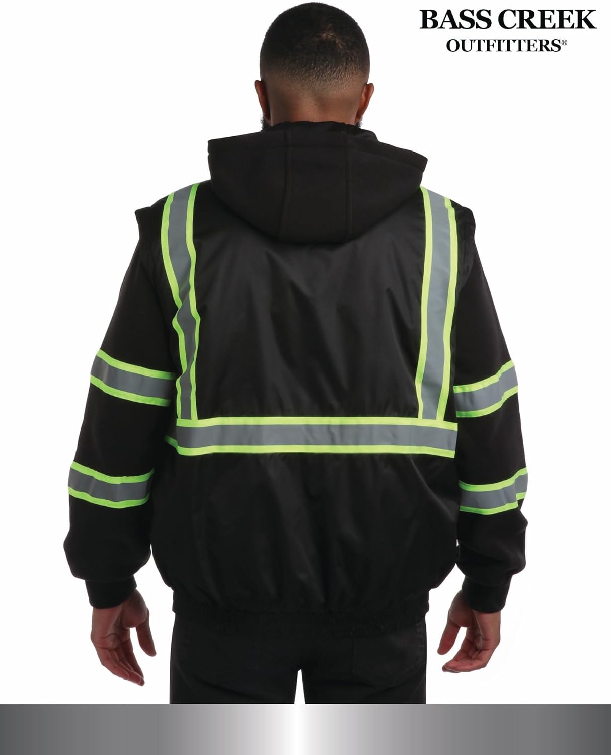 Bass Creek Outfitters Men's Safety Jacket - Hooded Two-Fer Workwear Vest with Reflective Tape & Fleece Sleeves (Sizes: M-XXL)