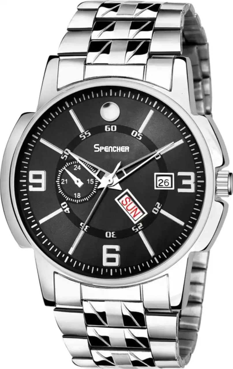 Spencher Analog Day Date Functioning Stainless Steel Chain Watch for Men (Black) (B0CFM92VWB) Amazon Price History, Amazon Price Tracker