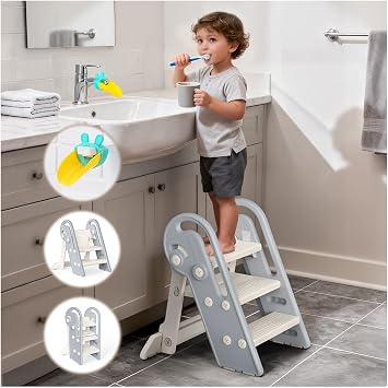 Onasti Toddler Step Stool, Adjustable 3 Steps for Kid Potty Training with Handles, Learning Tower, Foldable Kids Step Stool for 18 Months to 8 Years, for Kitchen, Bathroom & Bedroom Grey