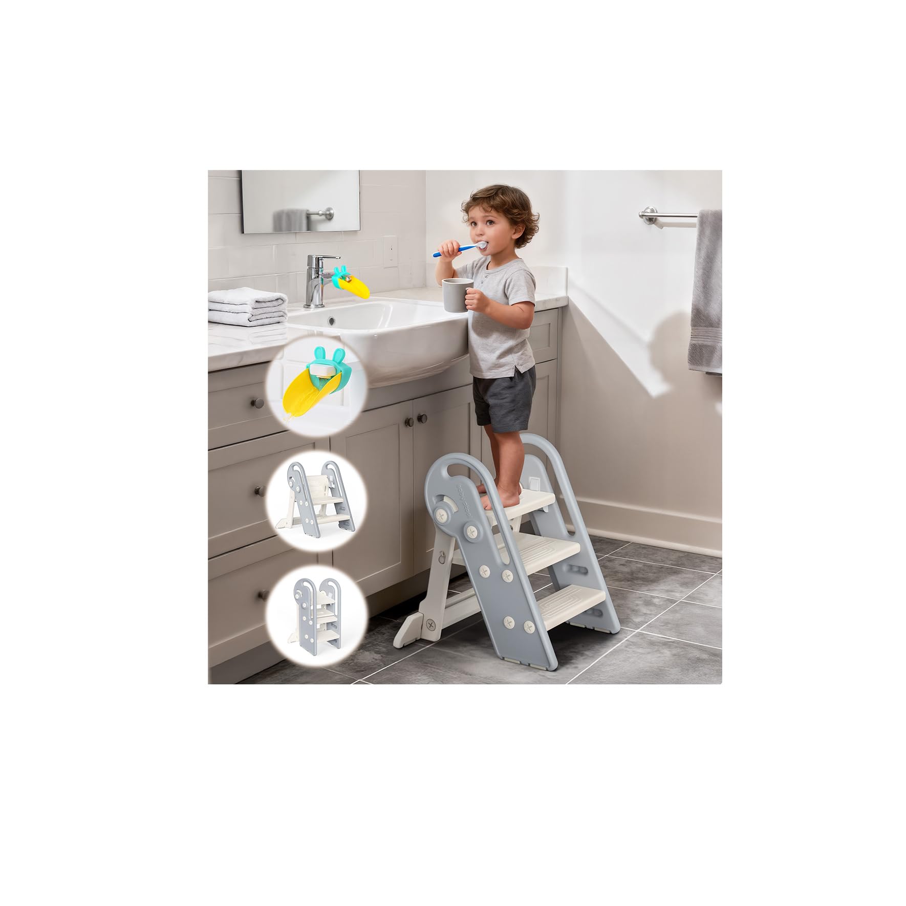Onasti Toddler Step Stool, Adjustable 3 Steps for Kid Potty Training with Handles, Learning Tower, Foldable Kids Step Stool for 18 Months to 8 Years, for Kitchen, Bathroom & Bedroom (Grey)