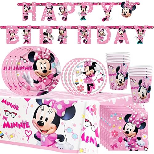 46PCS Pink Minnie Party Supplies, Set Includes Dinner Plates,Napkins,Tablecloth and Banner. Birthday party supplies for Kids Adults