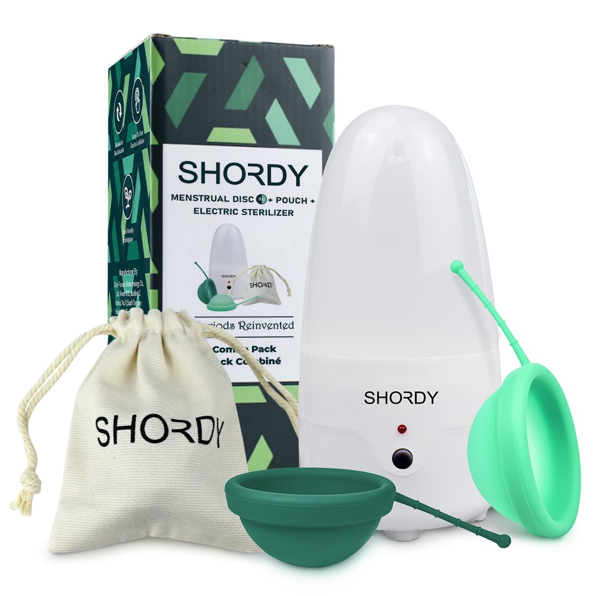 Shordy Menstrual Disc (2-Pack) with Electric Sterilizer – Small and Large Reusable Period Disc Starter Kit – 12-Hour Leak-Free Protection – Soft