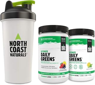 North Coast Naturals Ultimate Daily Greens | Superfood blend of superfruits, land, and sea greens with the addition of pre- and probiotic- 800 ml shaker cup- 2 x 270 g - Mixed Berry & Citrus + Sweet Iced Tea