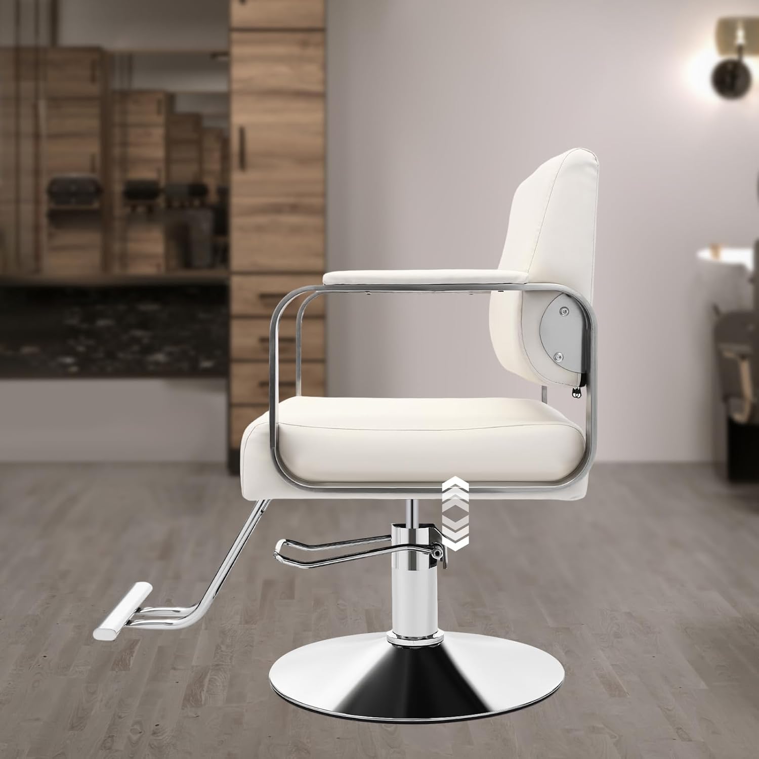 Barber Salon Chair, 440lbs Salon Chair for Hair Stylist 360° Swivel Height Adjustable Beauty Spa Hair Styling Barber Chair w/Footrest for Barber Shops Homes & Spas (Silver Frame+Beige Leather)