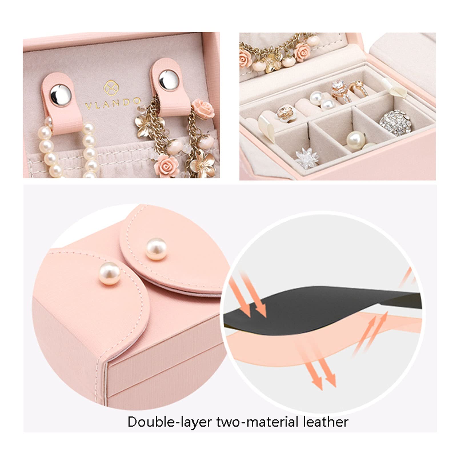 Scatola di Gioielli Contenitore Di Gioielli, Mini Morbido PU Cuoio Cuoio Cuoio Cuoio Custodia Da Viaggio 2 Strati Per Bracciali, Orecchini Anelli Collane Spille Regali Per Donne Ragazze Donne (rosa) S