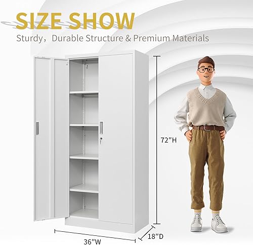 Miniatura 54 de Armario de almacenamiento de metal con puertas con cerradura y 2 estantes ajustables, gabinetes de metal de 71 pulgadas de alto, armarios de garaje,