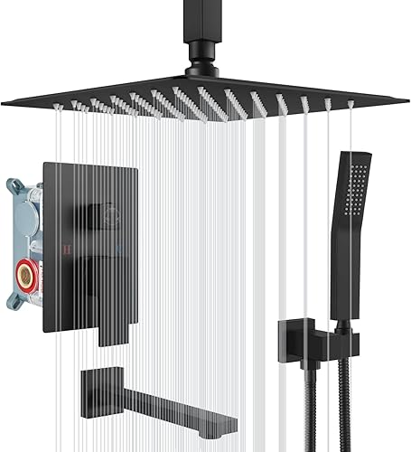 Cinwiny Sistema de ducha montado en el techo con boquilla de bañera, color negro mate, juego de cabezal de ducha de lluvia de 12 pulgadas con
