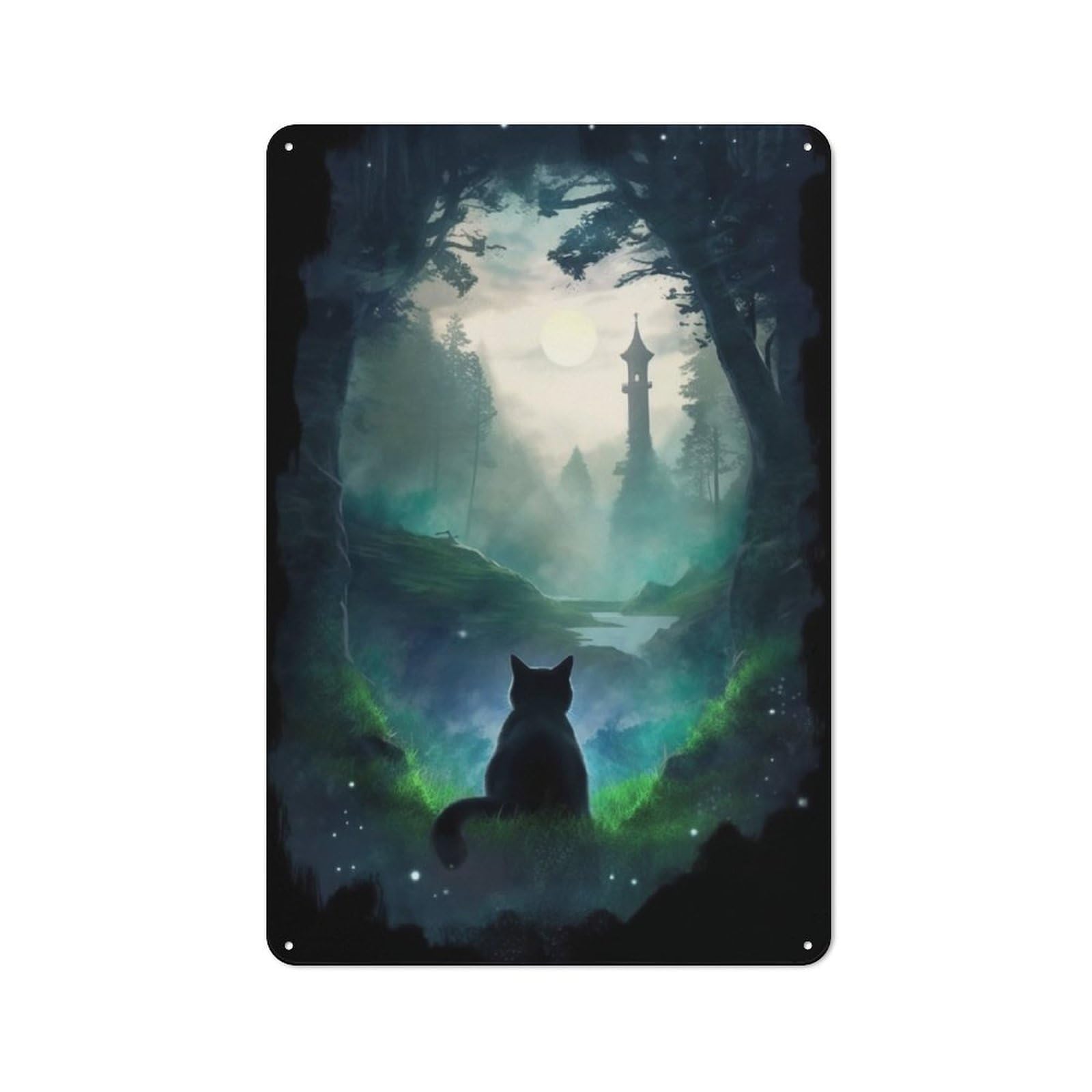 Distressed Look Cat Forest Moon Tower Decorative Tin Sign 30x20cm, Retro Room Decor for Lounge, Study, Pub Or Wall Gallery