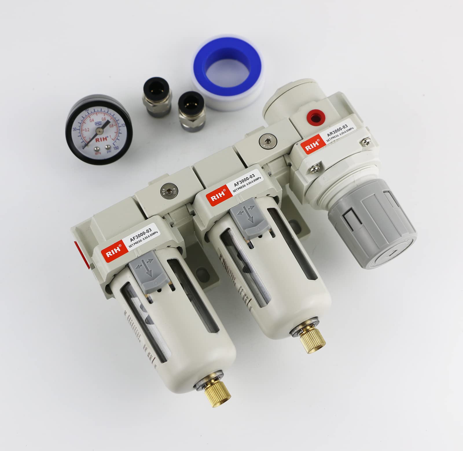 RIH Pneumatica aria compressa doppio filtro e regolatore, sistema di asciugatura dell'aria, separatore d'acqua compressore d'aria, scarico semi automatico, ciotola poli, 0-150 psi Gauge, elemento in