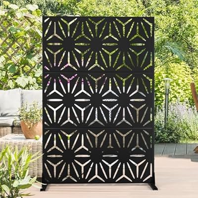 Elevens Patio Privacy Screen, Decorative Privacy Screen with Stand 6FT Metal Privacy Divider for Outdoor Garden Backyard Patio Free Standing, Black (Star)