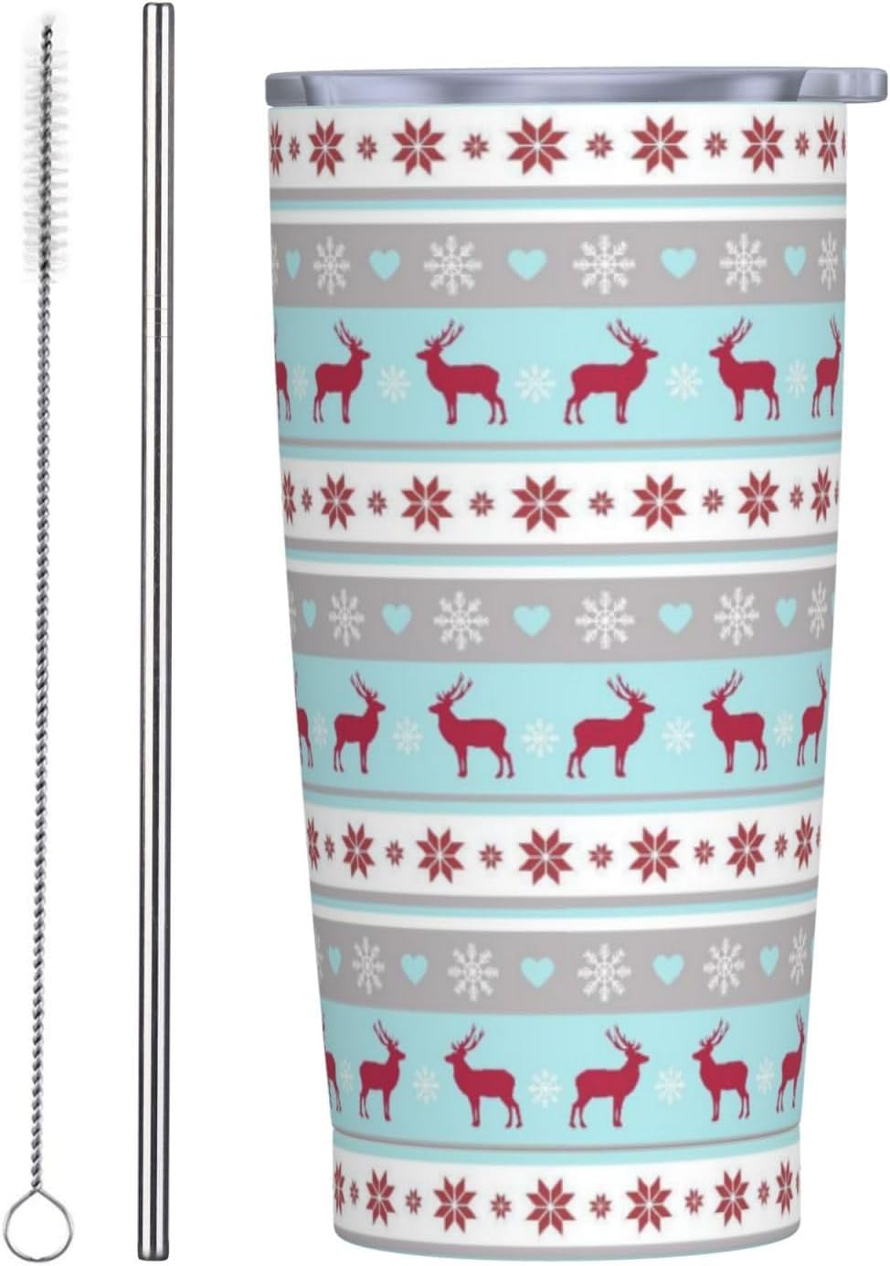 Christmas Pattern Tumbler with Straw, Elk Snowflakes 20oz Stainless Steel Vacuum Insulated Coffee Cup Travel Mug, Leakproof Lid, Souvenir for Women Men (Halloween, Birthday, Christmas)
