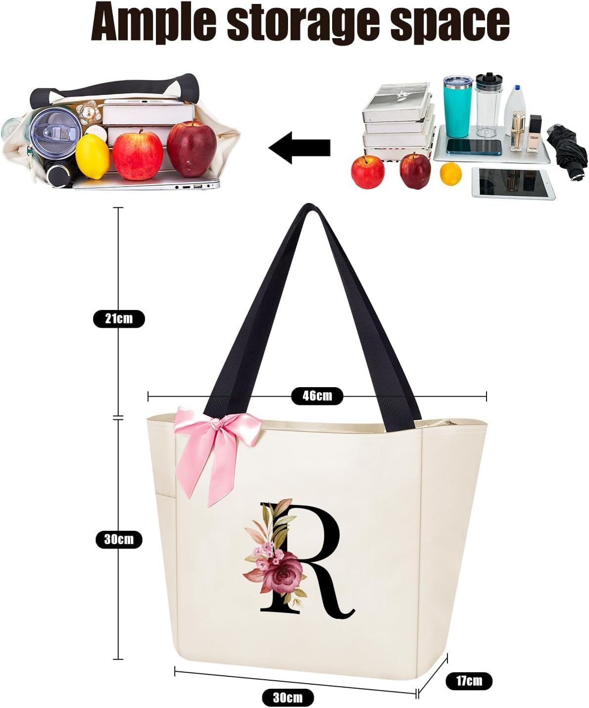 Vavabox Tote Bag, A-Z Initial Monogrammed Waterproof Tote Bag, Bridesmaid Gifts for Women, Black and Pink - Image 3