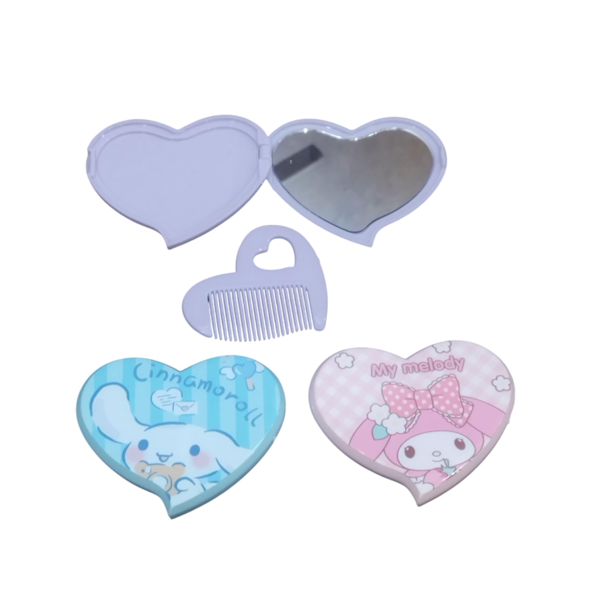 lighter house heart-shaped compact mirror with comb, cinnamoroll and my melody design, pink and blue- pack of 03 pcs.