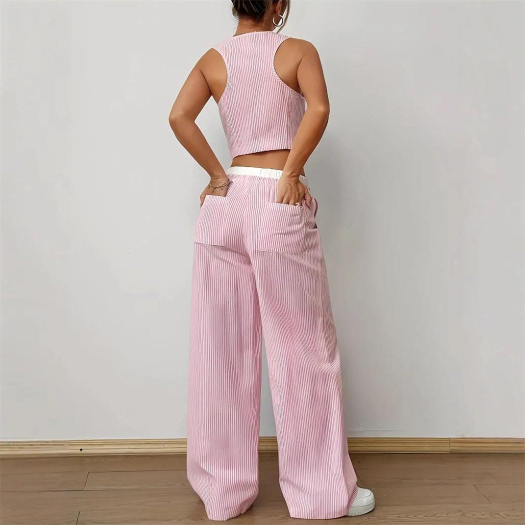 Women Summer Striped Trousers Set Loose Street Style Sleeveless Vest Single Breasted Top Two Piece