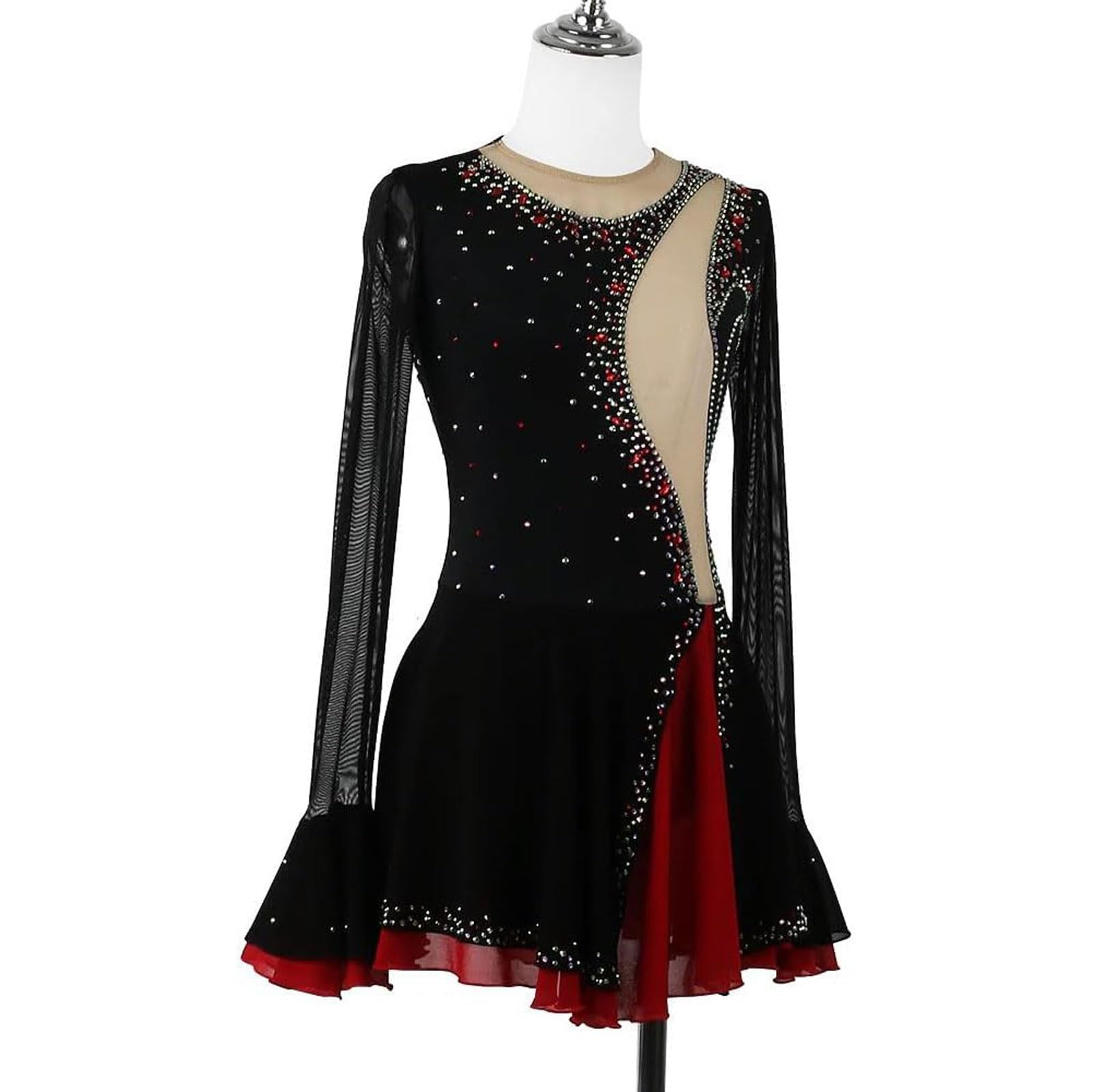 Eisfigur Skaten Kleider Langarm Rollschuhe Leistung Rock Damen Gymnastik Trikot Kleidung Ballett Tanzen Ausbildung Anzug mit Strasssteinen