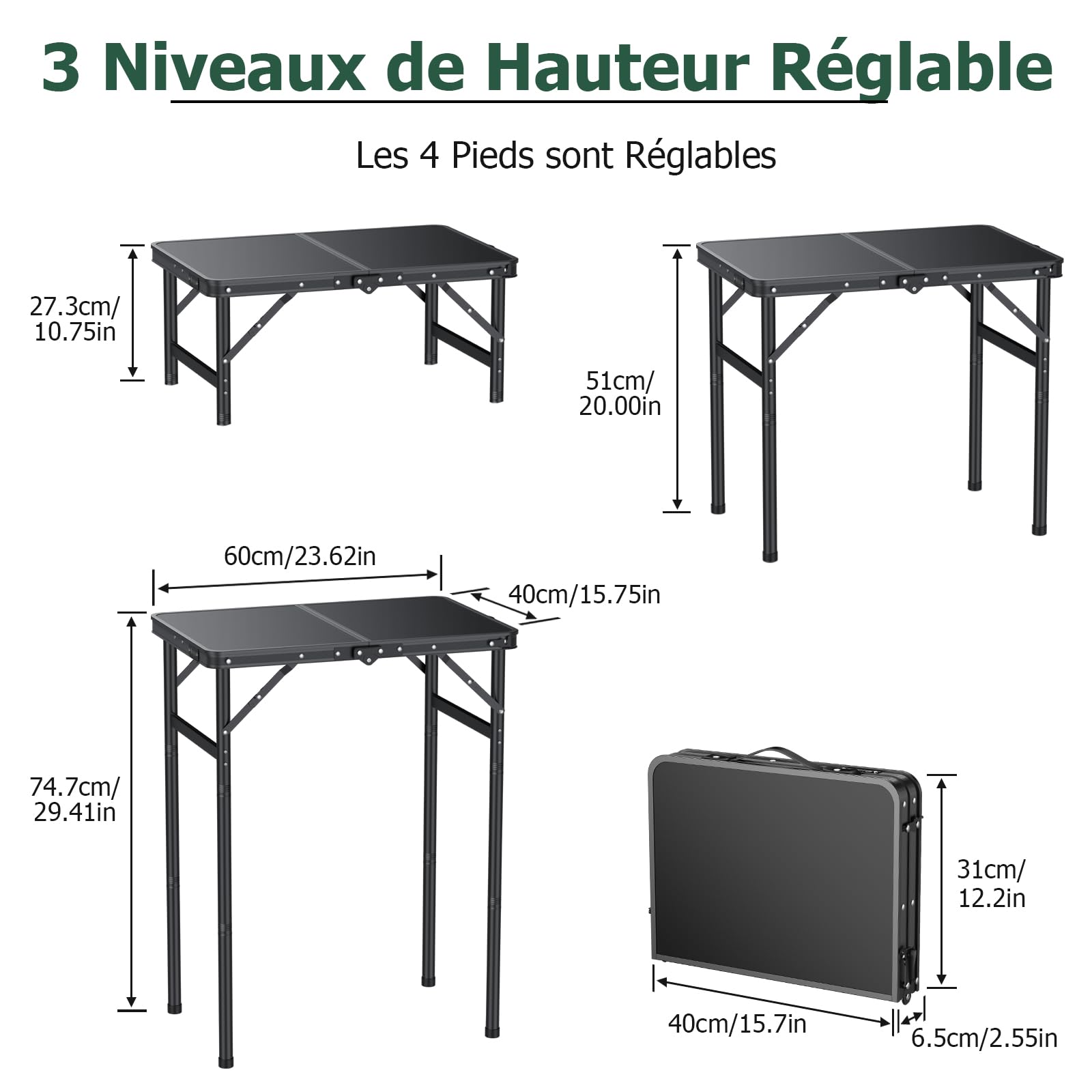 JiGiU Table de Camping Pliante 60x40cm avec 3 Hauteurs Réglables, Noir | Table de Pique-Nique Supportant 30kg, Portable et Légère, en Aluminium et MDF pour Extérieur et Intérieur, Jardin, Plage