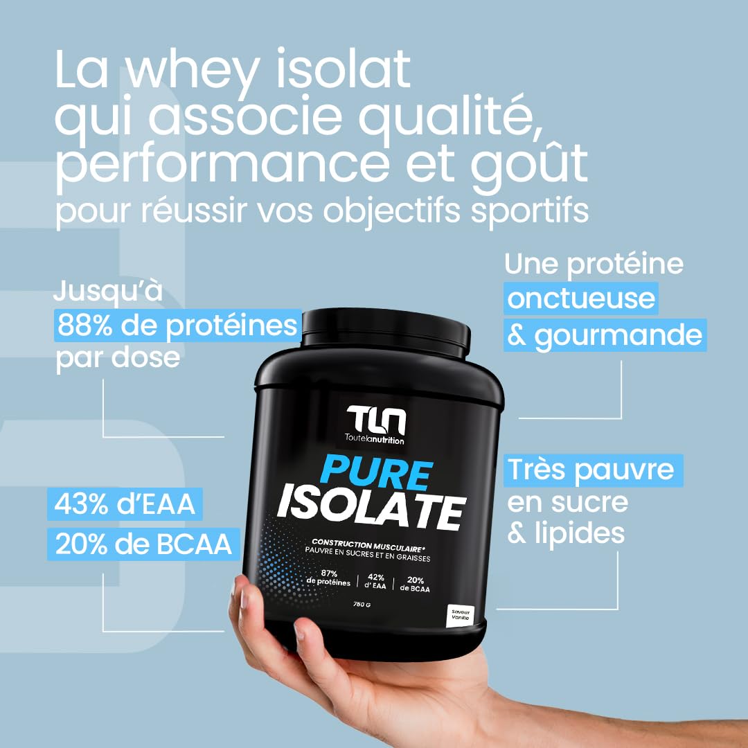 PURE ISOLATE | Isolat de protéines de Whey | Jusqu’à 88% de Protéines | Riche en BCAA et Glutamine | Protéine Musculation Rapide | Texture Onctueuse Goût Vanille | Pauvre en Lactose | 750g | TLN