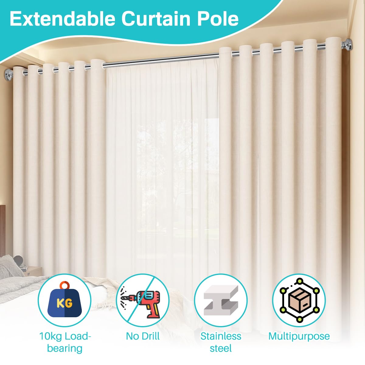 BreeRainz Bastone Tenda a Pressione da 110 a 290 cm Estensibile Bastoni per Tende Telescopico Asta Tenda a Pressione per Finestra Bagno Armadio Armadio Cucina Balcone Porta, Acciaio Inox