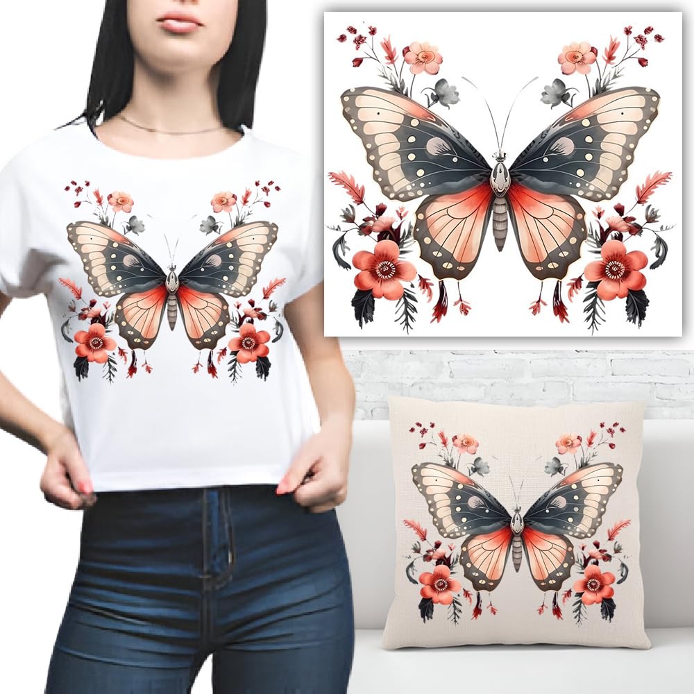 S.A.V.I Butterfly Flower Iron-On Patch for T-Shirts, Hoodies, Jeans, Pillows | Large 8.5x8 Inch Washable Heat Transfer Sticker | Easy DIY Applique for Clothes, Backpacks | Durable
